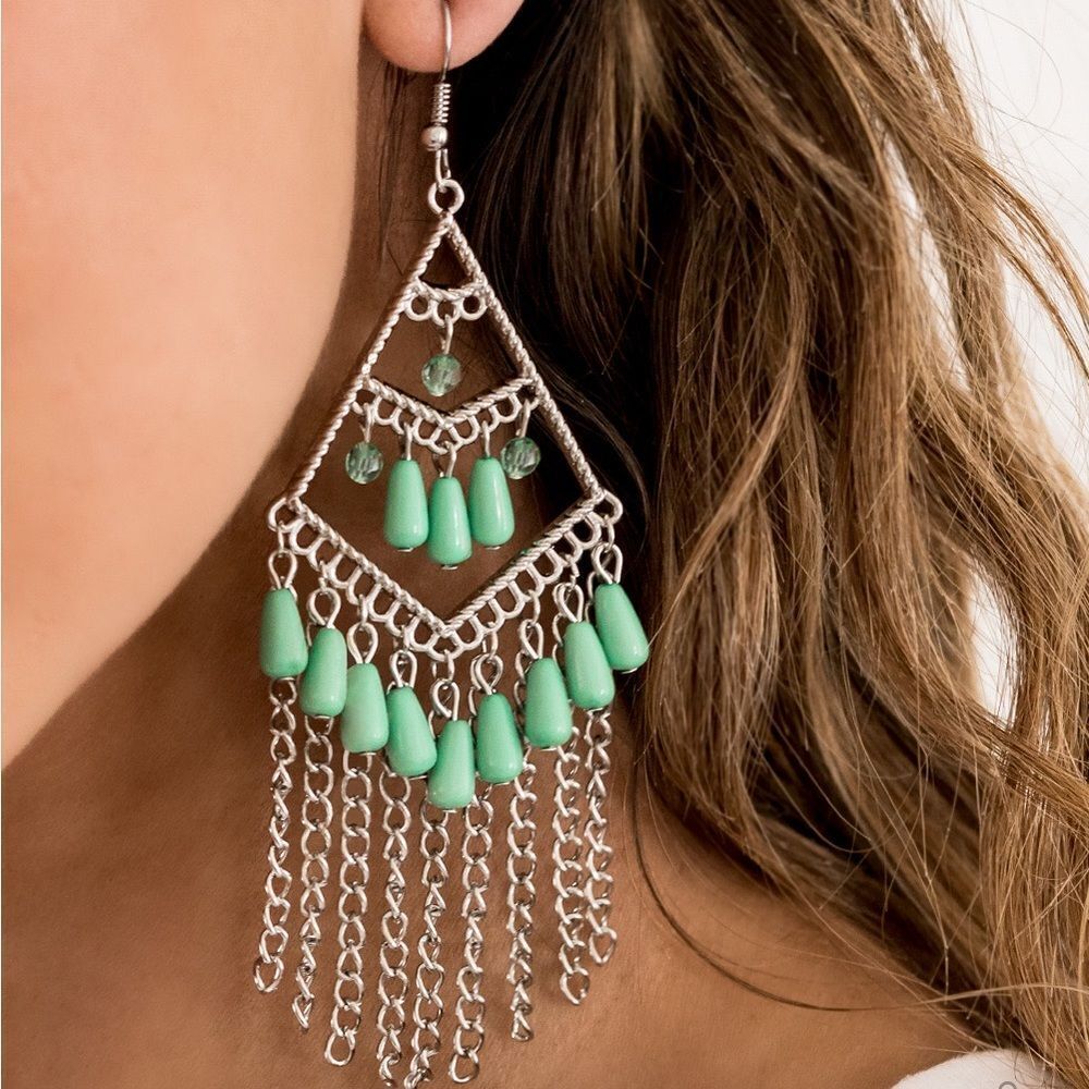 Silver with green bead and chain tassels earrings